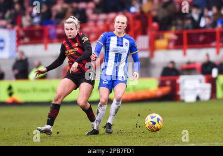 Crawley UK 12th March 2023 - Lauren Hemp of Manchester City (left) competes for the ball during the Barclays Women's Super League match between Brighton & Hove Albion and Manchester City   : Credit Simon Dack /TPI/ Alamy Live News Stock Photo