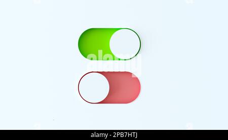 Toggle switch buttons isolated on white background. 3D render illustration. On and Off toggle switch buttons. Material design. Neumorphism UI, slider Stock Photo
