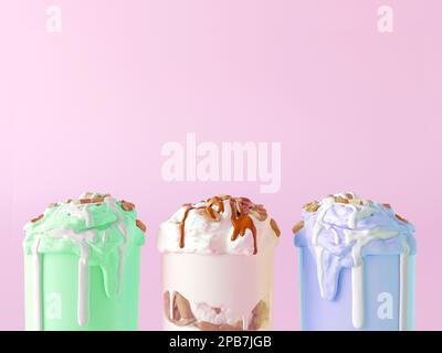 Ice cream milk cocktails in glass with topping souse and nuts. Place for text. Creative colorful milkshake with whipped cream on pink background Stock Photo