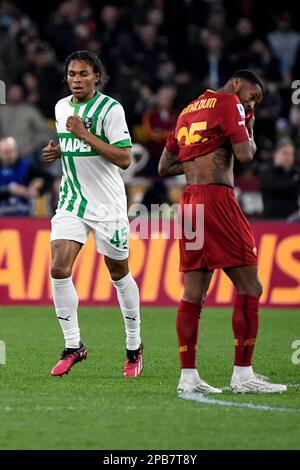 Roma, Italy. 12th Mar, 2023. Armand Lauriente of US Sassuolo celebrates as Georginio Wijnaldum of AS Roma looks dejected during the Serie A football match between AS Roma and US Sassuolo at Olimpico stadium in Rome (Italy), March 12th, 2023. Photo Andrea Staccioli/Insidefoto Credit: Insidefoto di andrea staccioli/Alamy Live News Stock Photo
