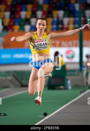 Yuliya Loban of Ukraine competing in the women’s long jump pentathlon on Day 3 of the European Indoor Athletics Championships at Ataköy Athletics Aren Stock Photo