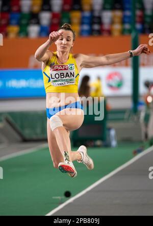 Yuliya Loban of Ukraine competing in the women’s long jump pentathlon on Day 3 of the European Indoor Athletics Championships at Ataköy Athletics Aren Stock Photo