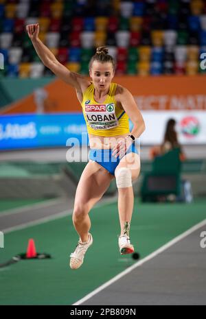 Yuliya Loban of Ukraine competing in the women’s long jump pentathlon on Day 3 of the European Indoor Athletics Championships at Ataköy Athletics Aren Stock Photo