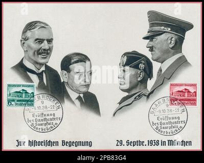 1938 Munich Agreement Nazi Germany Commemorative stamped Poster Card of Neville Chamberlain British Prime Minister with Edouard Daladier & Adolf Hitler Nazi Germany Leader together with Benito Mussolini Facist Leader Italy. ‘Our Historic Meeting 29th September 1938 in Munich’ Nazi Germany Stock Photo