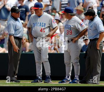 Chicago Cubs manager Lou Piniella reacts after umpire's call on a double  play that ended the Cubs second inning against the Colorado Rockies at  Coors Field in Denver on August 9, 2009.