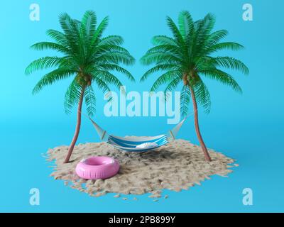 Beach hammock between two palm trees. Summer vacation concept, Accessories on the beach. Green palm trees and swimming circle on the sand. Stock Photo