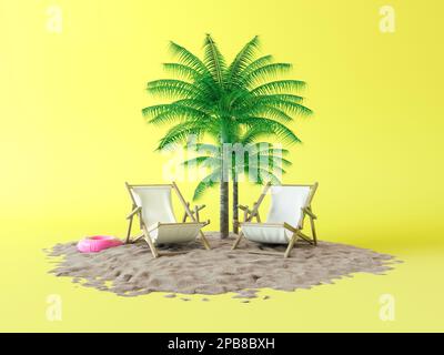 Two white empty beach chairs on a sandy island, a green tropical palm tree, an inflatable pink circle. 3d render illustration for travel banner Stock Photo