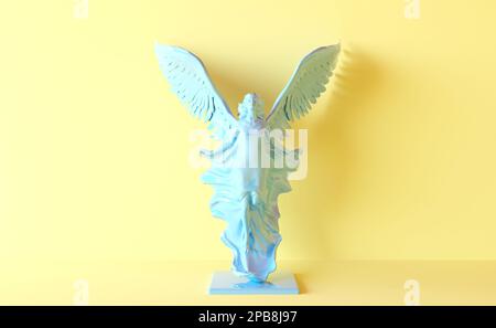 Minimal scene with angel statue. Tasty yellow blue colors. Trendy 3d render illustration for social media banners, promotion. Sculpture Stock Photo