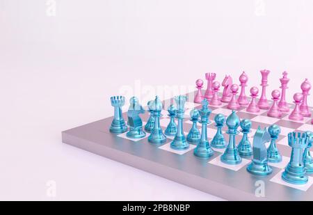 Metal chess pieces in the starting position on the chessboard. Picture frame, copy space, banner for national chess day. 3d illustration chess day. Stock Photo