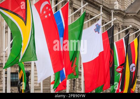 London, UK. 12th Mar, 2023. The flags of the Commonwealth Nations are flying in Parliament Square in preparation for Commonwealth Day tomorrow, 13th March, and the Commonwealth Service at the nearby Westminster Abbey. Credit: Imageplotter/Alamy Live News Stock Photo