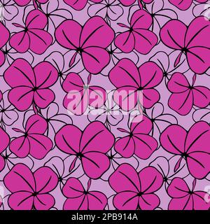 seamless asymmetrical pattern of clover leaves in purple tones and black contouros, design, texture Stock Photo