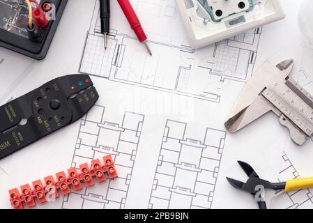 Repair tools on white background with copy space, top view Stock Photo