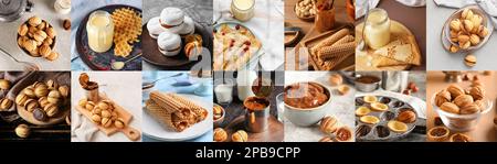 Collage of sweet condensed milk with tasty walnut shaped cookies, zefir, thin pancakes and wafer rolls Stock Photo