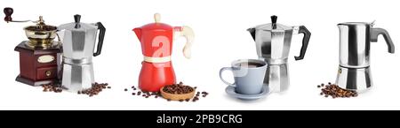 Collage of geyser coffee makers on white background Stock Photo