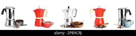 Set of geyser coffee makers on white background Stock Photo
