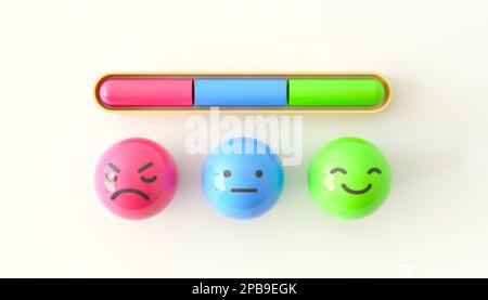 Service rating scale, emoji balls. Customer feedback, review, or rating concept. Three smiles and a rating scale. Review icon set, product rating Stock Photo