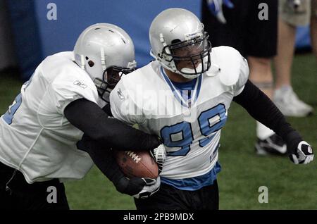 Detroit Lions defensive end Dewayne White watches from the bench against  the in Tampa Bay Buccaneers in an NFL football game in Detroit, Sunday,  Nov. 23, 2008. (AP Photo/Paul Sancya Stock Photo 