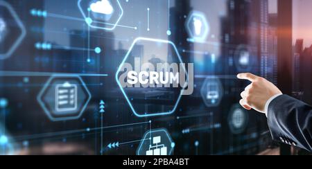 Businessman presses a button Scrum process software development outline concept. Stock Photo