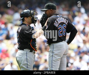 PHO2002070101 - Phoenix, July 1 (UPI) -- The Los Angeles Dodgers closing  pitcher, Eric Gagne is congratulated by catcher Paul Lo Duca after  defeating the Arizona Diamondbacks at Bank One Ballpark in Phoenix July 1,  2002. Gagne was credited with his