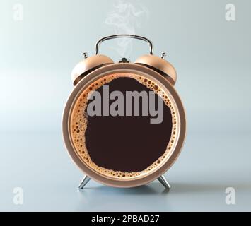Coffee clock metal gold on grey. 3d illustration. Hot coffee in a retro alarm clock. Wake up alarm concept. Time to drink coffee concept. Stock Photo
