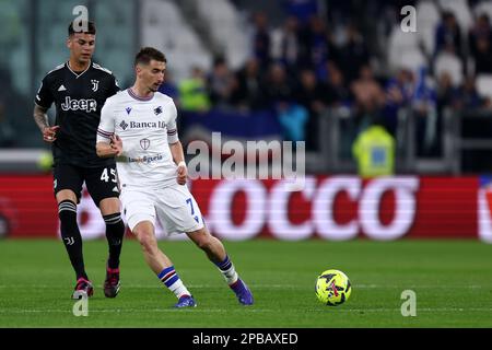 Turin, Italy, March 12, 2023, Turin, Italy . 12/03/2023, Filip Djuricic of Us Sampdoria controls the ball during the Serie A match beetween Juventus Fc and Uc Sampdoria at Allianz Stadium on March 12, 2023 in Turin, Italy . Stock Photo