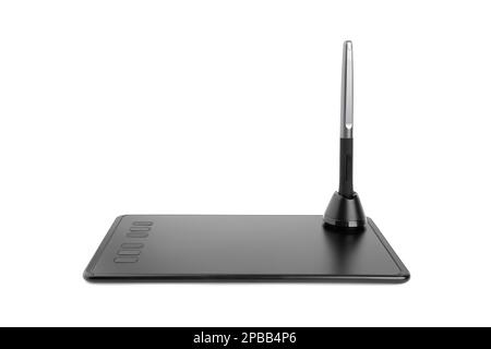 Graphic tablet on a white background. Graphic tablet and pen for retouching close-up. Stock Photo