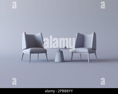 Two armchairs and coffee table in plain monochrome grey color. Monochrome with copy space. 3D rendering for picture frame backgrounds, minimal Stock Photo