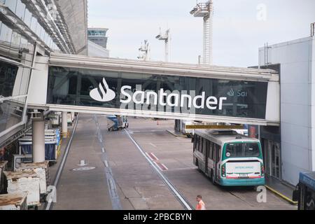 Buenos Aires, Argentina, Nov 18, 2022: Jorge Newbery International Airport scene, bridge tunnel of the boarding area with Santander Bank advertisement Stock Photo