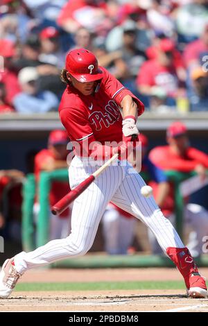 CLEARWATER, FL - March 12: Philadelphia Phillies infielder Alec Bohm (28)  at bat during the spring training game between the Toronto Blue Jays and  the Philadelphia Phillies on March 12, 2023 at