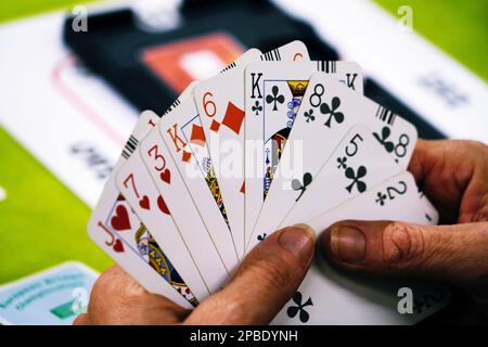 Playing cards in a man's hand during a bridge game Stock Photo