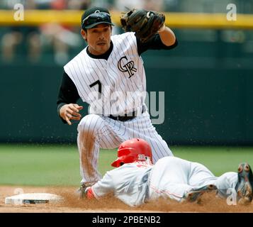 Colorado Rockies' Kazuo Matsui, right, gets a thumbs up from