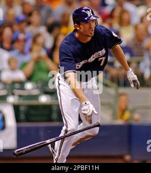 Milwaukee Brewers' J.J. Hardy (7), Corey Hart (1) and teammates celebrate a  4-2 win over the Houston Astros in a baseball game Tuesday, May 19, 2009,  in Houston. (AP Photo/Pat Sullivan Stock Photo - Alamy