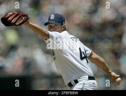San Diego Padres' Jake Peavy readies a throw in the first inning against  the Seattle Mariners at a charity spring training baseball game, Thursday,  March 1, 2007, in Peoria, Ariz. (AP Photo/Elaine