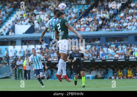 Avellaneda, Argentina, 12, March, 2023. Paolo Guerrero from Racing Club head the ball during the match between Racing Club vs. Club Atletico Sarmiento, match 7, Professional Soccer League of Argentina 2023 (Liga Profesional de Futbol 2023 - Torneo Binance). Credit: Fabideciria. Stock Photo