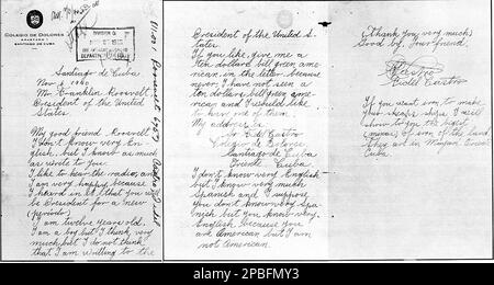 The cuban politician  rivolutionarian FIDEL CASTRO Ruz ( born August 13, 1926 ). Photocopy created by US Archives of all three pages of a letter written on 06 November 1940 by Fidel Castro Ruz to US President Franklin Delano Roosevelt  with a request of money in english language . The letter is the property of the US government held in US Archives - POLITICO - POLITICA - POLITIC - SOCIALIST - SOCIALISMO - SOCIALISM  - COMUNISTA - COMUNISMO - COMMUNIST - COMMUNISM - foto storiche - foto storica   - RIVOLUZIONE - REVOLUTION - RIVOLUZIONARIO - autograph - autografo - firma - signature ----  Archi Stock Photo