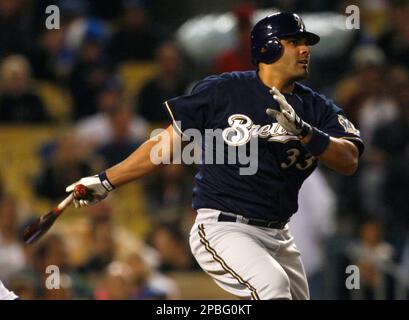 Milwaukee Brewers' Johnny Estrada hits a grand slam during the