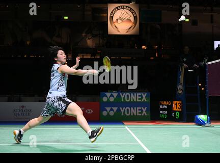 Muelheim, Germany. 12th Mar, 2023. Yamaguchi Akane of Japan hits a return during the women's singles final match against An Se Young of South Korea at the Yonex German Open 2023 badminton tournament in Muelheim, Germany, March 12, 2023. Credit: Ren Pengfei/Xinhua/Alamy Live News Stock Photo