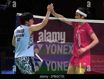 Muelheim, Germany. 12th Mar, 2023. Yamaguchi Akane (L) of Japan greets An Se Young of South Korea after the women's singles final match at the Yonex German Open 2023 badminton tournament in Muelheim, Germany, March 12, 2023. Credit: Ren Pengfei/Xinhua/Alamy Live News Stock Photo