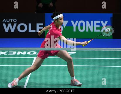 Muelheim, Germany. 12th Mar, 2023. An Se Young of South Korea hits a return during the women's singles final match against Yamaguchi Akane of Japan at the Yonex German Open 2023 badminton tournament in Muelheim, Germany, March 12, 2023. Credit: Ren Pengfei/Xinhua/Alamy Live News Stock Photo