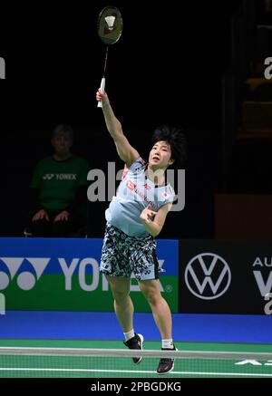 Muelheim, Germany. 12th Mar, 2023. Yamaguchi Akane of Japan hits a return during the women's singles final match against An Se Young of South Korea at the Yonex German Open 2023 badminton tournament in Muelheim, Germany, March 12, 2023. Credit: Ren Pengfei/Xinhua/Alamy Live News Stock Photo