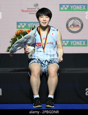 Muelheim, Germany. 12th Mar, 2023. Yamaguchi Akane of Japan poses after the awarding ceremony of the women's singles at the Yonex German Open 2023 badminton tournament in Muelheim, Germany, March 12, 2023. Credit: Ren Pengfei/Xinhua/Alamy Live News Stock Photo