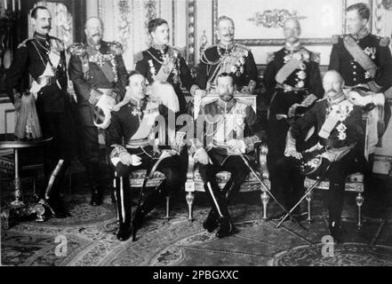 1910 ,  may , London , GREAT BRITAIN : The reunion of european kings relatives of Queen Victoria of England the day of funeral of King of England EDWARD VII .  From left : the King of Norway Haakon VII ( born Prince Carl of Denmark , 1872 - 1957), the King Tsar of Bulgaria Ferdinand I ( 1861-1948) , the King Carol II of Romania (1893 – 1953), the Kaiser WILHELM II ( Guglielmo II ) HOHENZOLLERN , King of Prussen, Emperor of Germany ( 1859 - 1941 ) , The King of (?) , The King of Belgium ALBERT I ( 1875 - 1934 ) of  Brabant , (and seated :) the King of Spain Alfonso XIII ( 1886-1941), the future