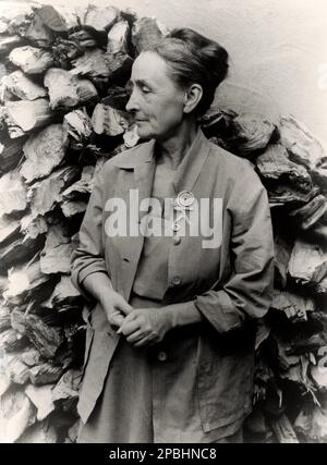 1950 , 16 august , Abiquiu , New Mexico , USA : The  most celebrated  american woman  painter GEORGIA O'KEEFFE ( 1887 - 1986 )  . Photo by CARL VAN VECHTEN ( 1880  -  1964 )  - VISUAL ARTS - ARTI VISIVE  - ART - ARTE - PITTURA - painting - pittrice - PITTORE - artist - artista - portrait - ritratto  - chignon - jewellery - gioiello - jewles - gioielli - pin - spilla - profilo - profile --- NOT FOR ADVERTISING USE --- NON PER USO PUBBLICITARIO --- NOT FOR GADGETS USE ---- ----  Archivio GBB Stock Photo