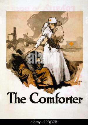 1918 , USA : American Red Cross - The comforter . Poster artwork by artist painter Gordon Grant ( 1875 - 1962 )- CROCE ROSSA - ferito - blessed  - WORLD WAR I - WWI - PRIMA GUERRA MONDIALE - Grande Guerra - Great War - foto storiche  storica - locandina - poster - engraving - incisione - illustration - illustrazione  - HISTORY PHOTOS   - manifesto - AFFICHE - crocerossina  ----  Archivio GBB Stock Photo