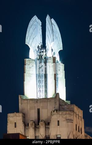 Rochester, NY, USA - March 12, 2023: Early morning photo of the iconic top of the Time Square Building in Rochester NY. Stock Photo