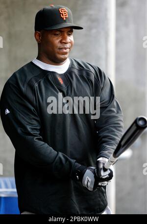 San Francisco Giant Barry Bonds removes his batting armor as he