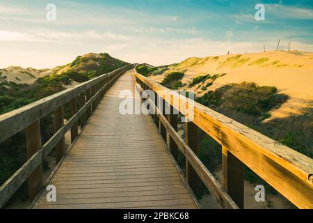 A long wooden boadwalk seems to stretch to infinity. Walkway through sand dunes and native forest leading to the beach. Oceano, California Central Coa Stock Photo