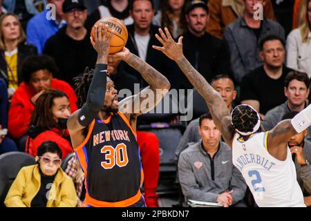 Los Angeles, United States. 12th Mar, 2023. New York Knicks forward Julius Randle (L) shoots against Los Angeles Lakers forward Jarred Vanderbilt (R) during an NBA basketball game at Crypto.com Arena. New York Knicks beat Los Angeles Lakers 112-108 Credit: SOPA Images Limited/Alamy Live News Stock Photo