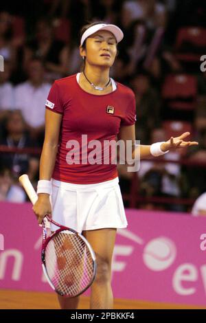 Japan's Akiko Morigami reacts after being defeated by to France's Tatiana Golovin in the first round of the Fed Cup between France and Japan on indoor clay, Saturday April 21, 2007 in Limoges, central France. Golovin won 6-2, 6-4 to give France a 2-0 lead over Japan. (AP Photo/Laurent Baheux)