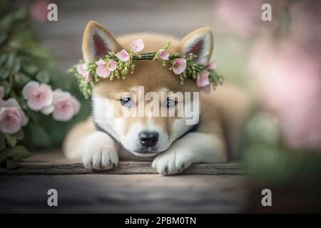 Cute fluffy Shiba Inu puppy with a wreath of flowers, portrait. Template for postcard, layout with copy space, print ready image Stock Photo